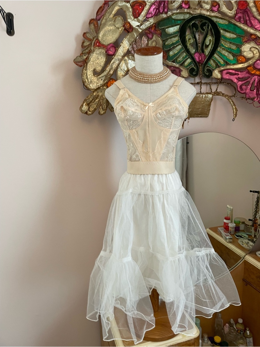 Bali Vintage Cream Lace Longline Shapewear Corset Sheer Lace